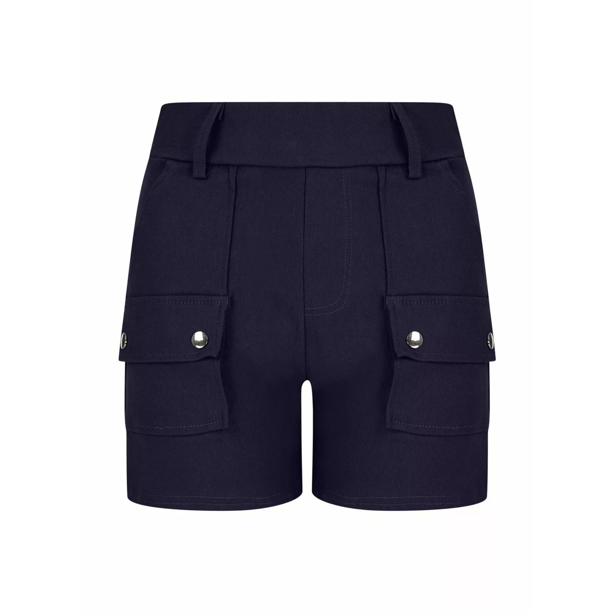 Ladies' navy fashion shorts with front flap pockets and silver button detail β high-waisted smart casual summer shorts